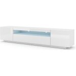 Meuble tv bas universel aura 200 cm � suspendre ou � poser blanc mat / blanc brillant avec led