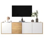 Meuble tv blanc et bois - montage mural ou pos� - panneau bas style �pur� - pour salon - rangement