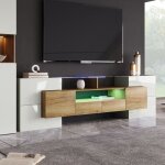 Meuble tv blanc brillant meuble tv bas avec �clairage led 6 portes 2 tiroirs meuble de salon 200 x 35 ...