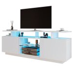 Meuble tv blanc brillant avec lumi�res led - 2 portes 5 niches connexion usb 140 x 35 x 55 cm