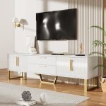 Meuble tv - luxe - blanc brillant - 170x40x53 cm - 2 tiroirs - 4 portes - pieds dorés Meuble tv - luxe - blanc brillant - 170x40x53 cm - 2 tiroirs - 4 portes - pieds dorés
