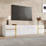 Meuble tv blanc brillante meuble tele avec tiroirs et portes bords dor�s style moderne pour salon chambre180x4 ...
