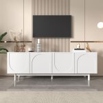 Meuble tv blanc moderne 175x38x56 cm meuble bas de salon avec 4 portes push - to - open �tag�res r�glables ...