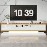 Meuble tv blanc moderne avec led et 3 tiroirs de rangement 180 x 38 x 45 cm meuble tv bas brillante avec ...
