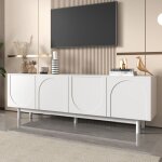 Meuble tv blanc moderne quatre portes avec �tag�res r�glables pieds en bois massif meuble bas pour salon ...