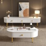 Meuble tv blanc et or 3 tiroirs poign�es et pieds dor�s angles arrondis design moderne �l�gant 174 x ...