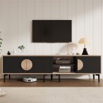 Meuble tv bois 180 cm pour t�l�viseur de 80 pouces avec armoires noir table tv bas industriel avec compartimen ...