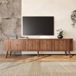 Meuble tv en bois 180x385x47 cm meuble tv bas moderne avec 4 portes pieds en bois et design � bords arrondis ...