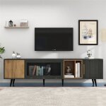 Meuble tv bois 200 cm avec rangement porte en verre meuble salon tv avec compartiments ouvertes trou ...