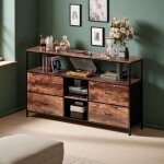 Meuble tv bois et m�tal 108cm pour tv 42 pouces 4 tiroirs et �tag�res ouvertes style industriel salon ...