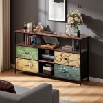 Meuble tv bois et m�tal 108cm r�tro 4 tiroirs et �tag�res ouvertes pour tv 42 pouces style industriel ...