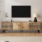 Meuble tv - bois naturel avec portes ajour�es - 8 compartiments pour tv jusqu?� 70 pouces 180 � 40 � ...