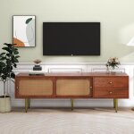 Meuble tv tendance 160 * 40 * 60cm noyer 2 tiroirs 2 portes coulissantes en rotin 4 compartiments de ... Meuble tv tendance 160 * 40 * 60cm noyer 2 tiroirs 2 portes coulissantes en rotin 4 compartiments de ...
