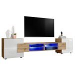 Meuble banc tv merano version 2 komodee - led bleues - blanc brillant et bois naturel - 230 x 53 x 35 ...