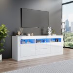 Meuble tv brillant avec �clairage led - 3 cases ouvertes 2 portes et 2 tiroirs - commande par application ...