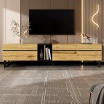 Meuble tv colorblock 180 x 38 x 45 cm 3 portes design industriel avec grain de bois et pieds en fer style ...