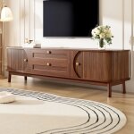 Meuble tv contemporain effet bois avec deux portes et deux tiroirs aux angles arrondis. meuble bas de ...