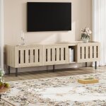 Meuble tv design bois naturel 160 cm avec portes � lattes rangement multifonction pour tv jusqu?� 65 ...