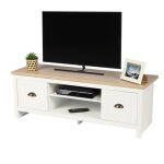 Meuble tv design colonial ? 120x395xh425 cm 2 tiroirs et 2 niches coloris blanc et plateau chne clair ...