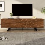 Meuble tv design avec fa�ade ondul�e style noyer - pieds m�tal noir grand rangement et gestion des c�bles ...