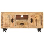 Meuble tv - dilwe - 110x30x50 cm - bois de manguier brut - style industriel - 4 roulettes en fer