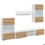 Meuble tv avec �clairage led - vidaxl - ch�ne artisanal - bois ding�nierie - 120x395x34 cm - �clairage ...