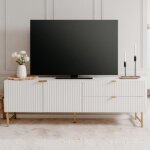 Meuble tv - edith - blanc mat - 2 portes tournantes - 2 tiroirs - accents en m�tal or