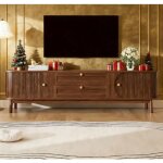 Meuble tv effet bois avec tiroirs et compartiments de rangement coins arrondis pieds en bois table tv ...