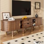 Meuble tv effet bois avec tiroirs en rotin et compartiments de rangement coins arrondis pieds en bois ...