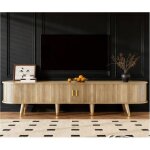 Meuble tv effet bois avec tiroirs en rotin et compartiments de rangement coins arrondis pieds en bois ...