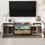Meuble tv �l�gant plateau bas. blanc brillant 145 cm �clairage led meubles de salon. design moderne. ...