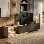 Meuble tv extensible - 163 - 240cm - bande led � capteur 3 couleurs - 3 tiroirs � pression - bois bicolore ...