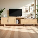 Meuble tv extensible avec 2 tiroirs 2 porte et 1 niche ouverte armoire tv en rotin avec rangement108 ...