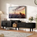 Meuble tv extensible - facade en rotin / bois 115 - 169x30x44cm - grand rangement - style boh�me & naturel ...