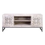 Meuble tv - giner y colomer - bois de manguier - sculptures � la main - fini blanc d�lav�