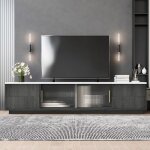 Meuble tv gris en mdf avec plateau effet marbre portes en verre et tiroirs push - to - open