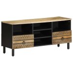 Meuble tv - helloshop26 - meuble tv industriel - bois manguier massif - 100x335x46 cm - 2 tiroirs & 1 ...