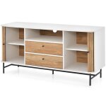 Meuble tv - helloshop26 - moderne milieu du si�cle - 150 cm - rangement pratique - blanc / ch�ne