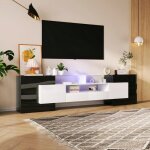 Meuble tv - langtu - mod�le bas - blanc et noir laqu� - 200 cm - �clairage led multicolore