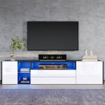 Meuble tv laqu� brillant 180x40x45cm - noir & blanc - �clairage led - 2 tiroirs 2 portes
