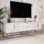 Meuble tv laqu� brillant avec base poign�es et pieds dor�s 4 portes 2 tiroirs meuble de salon 170 x 40 ...