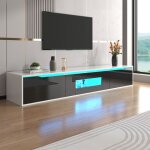 Meuble tv laqu� brillant coloris noir et blanc avec �clairage led 3 portes meuble de salon 180 x 35 x ...