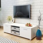 Meuble tv - leb - 120 cm - blanc � haute brillance - 4 sorties de c�bles - 2 �tag�res
