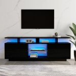 Meuble tv avec led 16 couleurs et usb 140 x 35 x 55 cm meuble tv � 2 portes et compartiments design minimalist ...