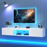 Meuble tv led 160 cm - blanc brillant - 2 portes battantes - compartiment ouvert armoire tv moderne pour ...