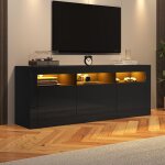 Meuble tv led 160x35x60 cm avec 2 tiroirs 2 portes et compartiments ouverts panneaux de particules noir ...