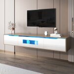Meuble tv led 180x35x30cm - effet rainur� & �clairage 16 couleurs - fixation murale possible - blanc ...