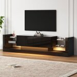 Meuble tv led moderne 181 cm avec 2 tiroirs rabattables de rangement et �tag�res en verre - pour t�l� ...