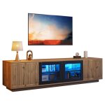 Meuble tv led avec quatre portes et �tag�res porteuses en verre tremp� commande led usb bois naturel ...