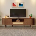 Meuble tv lowboard 150 cm avec tiroirs en rotin compartiments ouverts lowboard aspect bois buffet salon ...